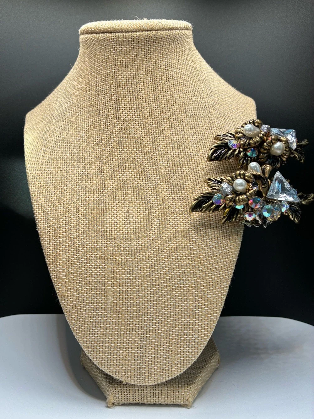 Vintage Resin 1970’s Gold-Tone Cluster Clip-on Earrings w/Crystal Accents